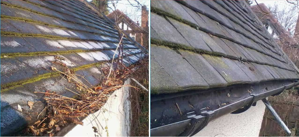 Split image of household gutters before and after cleaning